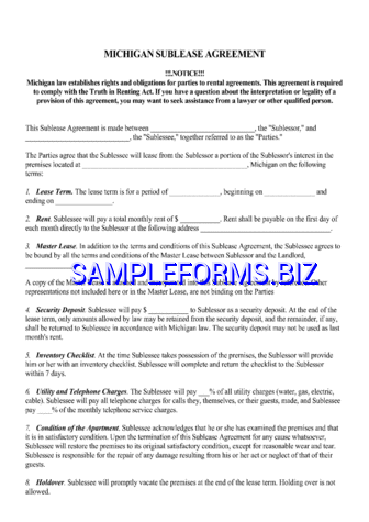 Michigan Sublease Agreement Form pdf free